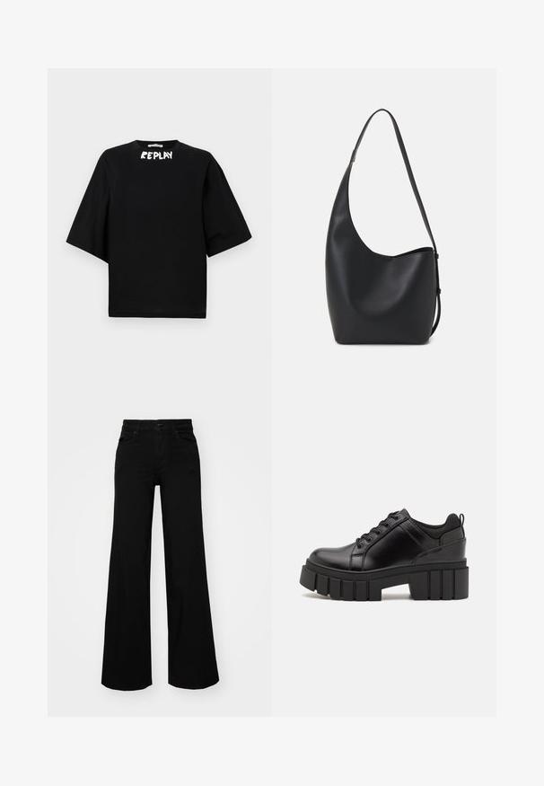 Must have lühikeste varrukatega must T-särk, mis on valmistatud puuvillast, ümmarguse kaelusega ja mille esiküljel on valge "REPLAY" logo. Sirge lõikega disain.; Mustad mustad püksid, mis on valmistatud denimist, struktuurse vöökohtade, vöökootidega ja esikottidega. Sile tekstuur klassikalise disainiga.; Must musta platvormsussid paksu plokkninal, ümmarguse varbaga ja traditsioonilise nööridega kinnitamisega. Sussid on sileda tekstuuriga ja minimaalsete detailidega.; Mustast nahast hobo kott, millel on sile tekstuur, kumer kuju ja üks reguleeritav rihm; peal on lai avaus.