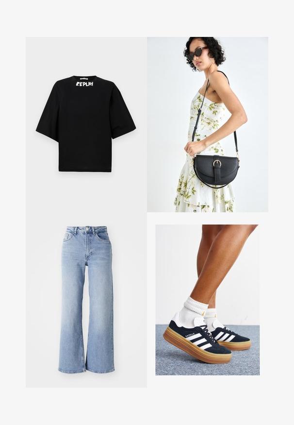 Must have lühikeste varrukatega must T-särk, mis on valmistatud puuvillast, ümmarguse kaelusega ja mille esiküljel on valge "REPLAY" logo. Sirge lõikega disain.; Heledsinine kõrge vöökoht ja laiad sääred teksad, millel on ees- ja taga-taskud, nööbiga kinnitamine ning kerge kulumine reitel ja ääres.; Mustad seemisnahast tossud valgete triipude ja detailidega, ümarate varbassosadega, kummist välistallaga, paaritatud valgete soonikuliste meessokkidega.; Mustmust mustraha kõverate joontega, eemaldatava rihmaga ja kuldsete detailidega. Kotil on klapp, millel on pandladetail.