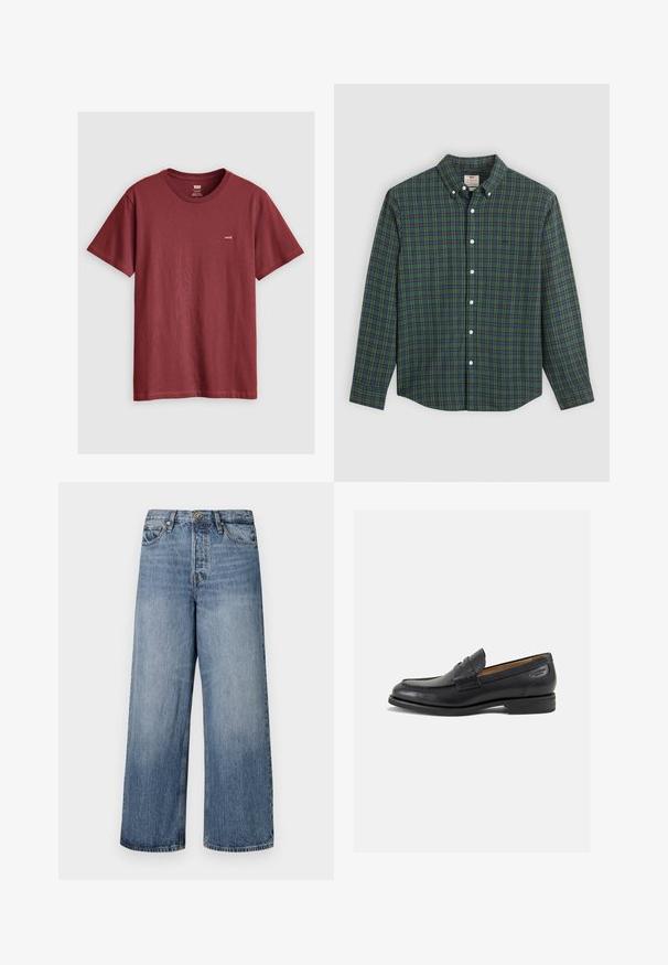 Burgunderrød kortermet t-skjorte laget av bomull; har rund hals og et lite logomerke på venstre bryst. Glatt tekstur.; Langermet skjorte med knappestolpe, i grønn, blå og gul rutete mønster, hvite knapper og krage med knapper.; Bredde ben blå denim jeans med en falmet vask, fem lommers design og knappelukking. Utstyrt med beltehemper og sydd detaljering.; Sorte lær loafers med en glat overflade, rund tå og dekorativ syning på forfoden. Lav stablet hæl og let glans.