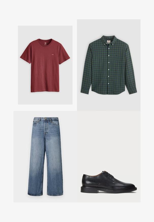 Maroon short-sleeve t-shirt made of cotton; features a crew neckline and a small logo tag on the left chest. Smooth texture.; Long-sleeve button-up shirt with green, blue, and yellow plaid pattern, white buttons, and a buttoned collar.; Wide-leg blue denim jeans with a faded wash, five-pocket design, and a button closure. Equipped with belt loops and stitched detailing.; Black leather dress shoe with a round toe, lace-up design, and a low stacked heel. Smooth texture with minimal stitching details.