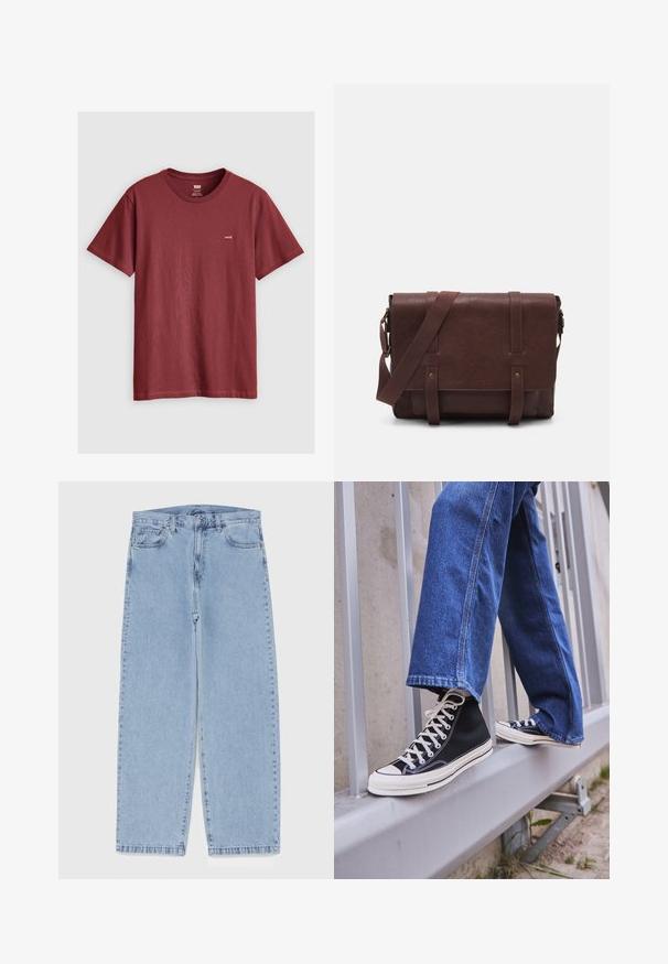 Bordowa, krótka koszulka z bawełny; posiada okrągły dekolt i małą metkę z logo na lewej piersi. Gładka faktura.; Jasnoniebieskie dżinsy o prostym kroju nogawki, z średnim stanem, pięcioma kieszeniami oraz zapięciem na guzik i zamek błyskawiczny.; Czarne sneakersy za kostkę z białą podeszwą i sznurówkami, w połączeniu z luźnymi niebieskimi dżinsami, opierające się na szarym balustradzie.; Brązowa skórzana torba na ramię z płaskim klapem z przodu, dwoma paskami, złotymi akcentami oraz regulowanym paskiem na ramię.