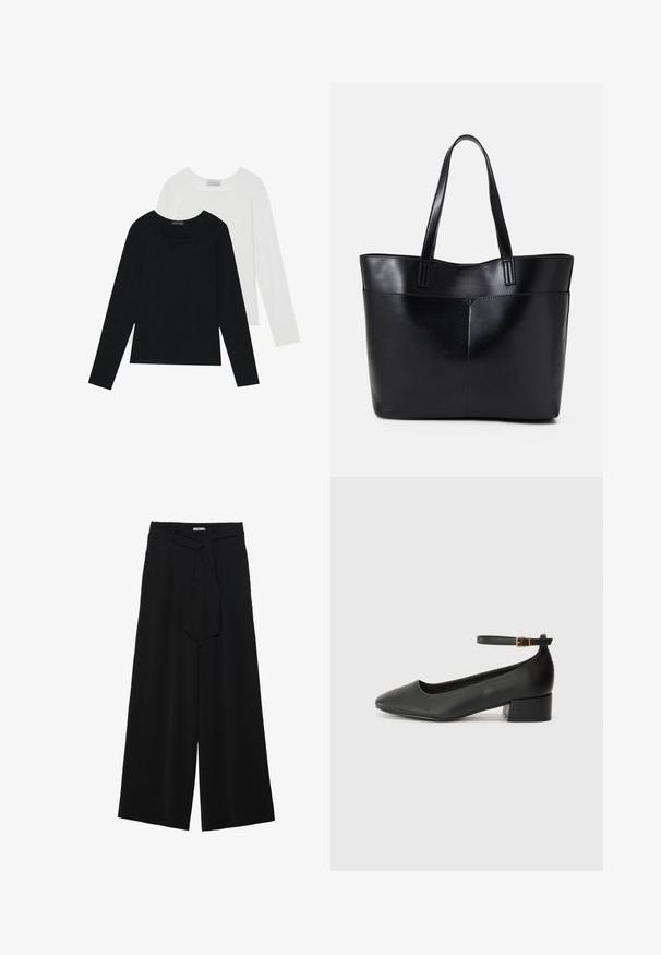 Dva dugo rukava, jedan crni i jedan bijeli, oba s kvadratnim izrezom i izrađeni od mekane, rastezljive tkanine.; Crne široke hlače od teksturirane tkanine, s elastičnom pojasom i odvojivim remenom na struku za prilagodivo pristajanje.; Crne kožne pumpe s oštrim vrhom i niskom blok petom. Sadrže remen oko gležnja s zlatnim kopčanjem. Glatka tekstura.; Crna kožna torba s dugim ručkama, glatkom teksturom i strukturiranim oblikom. Ima prednju džep za dodatno pohranu.