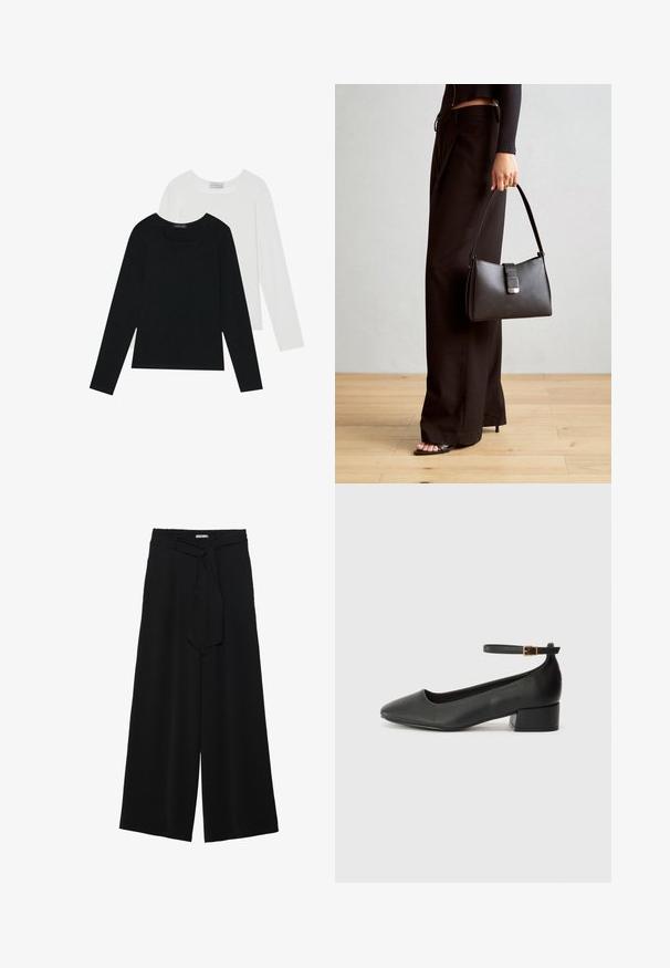 Két hosszú ujjú felső, az egyik fekete, a másik fehér, mindkettő négyzet alakú nyakkivágással rendelkezik, és puha, rugalmas anyagból készült.; Fekete, bő szárú nadrág, texturált anyagból, rugalmas derékpánttal és levehető sállal a derekán, amely állítható illeszkedést biztosít.; Fekete bőr magassarkú cipő hegyes orral és alacsony tömb sarkal. Bokapánttal rendelkezik, aranyszínű csattal. Simább textúra.; Fekete kézi táska strukturált formával, sima textúrával és fémből készült záródással. Széles fekete nadrággal és nyitott orrú szandállal párosítva, fából készült padlón.