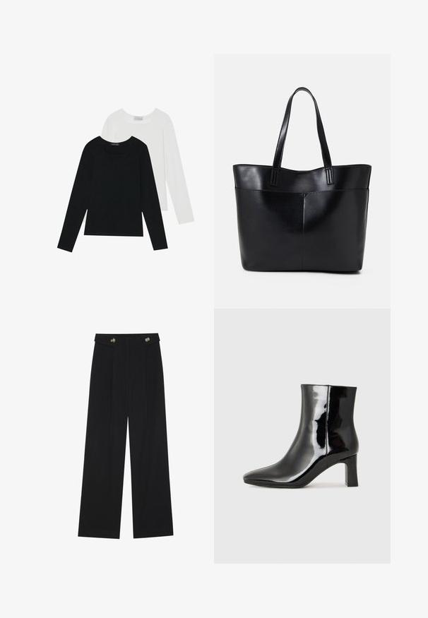 Du suknelės su ilgomis rankovėmis, viena juoda ir viena balta, abi su kvadratiniu iškirpimu ir pagamintos iš minkštos, elastingos medžiagos.; Juodi plačios kojos kelnės su aukštu liemeniu, sagų detalėmis ant liemens ir priekinėmis raukšlėmis.; Juodos lakuotos odinės aulinukės su smailiu pirštu ir vidutinio aukščio blokuotu kulnu. Lygus paviršius ir minimalistinis dizainas.; Juoda odinė rankinė su dviem ilgais diržais, lygiu paviršiumi ir struktūrizuota forma. Yra priekinė kišenė papildomam saugojimui.