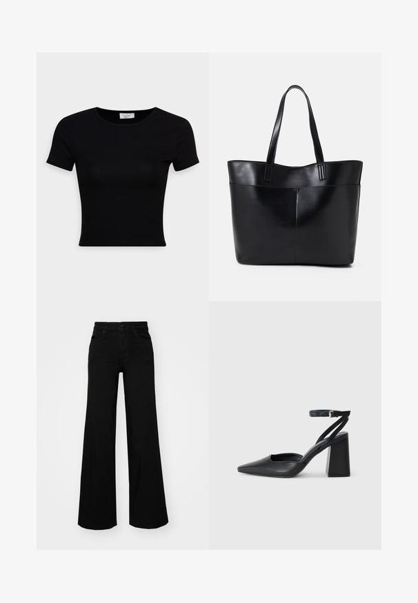 Črna kratkosaržna majica iz gladkega bombažnega materiala, z okroglo izrezom in prilegajočim dizajnom. Minimalistična, brez vidnih vzorcev.; Črne široke denim hlače s strukturiranim pasom, z zankami za pas in sprednjimi žepi. Gladka tekstura s klasičnim dizajnom.; Črne usnjene klasične čevlje z ostrim nosom, z zaponko za gleženj in debelim peto. Ravna tekstura, eleganten dizajn in minimalistična estetika.; Črna usnjena torba z dvema dolgima ročajema, gladko teksturo in strukturirano obliko. Ima sprednji žep za dodatno shranjevanje.