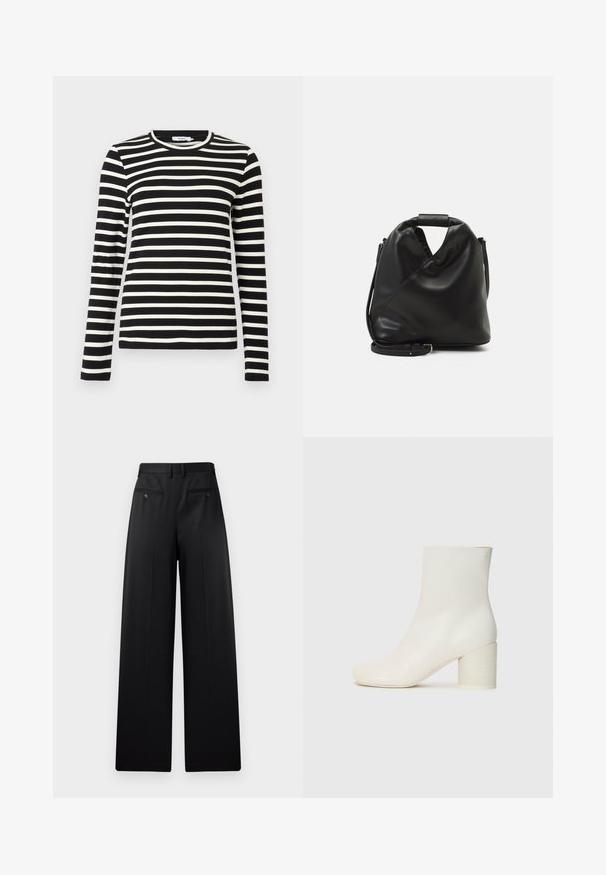 Melns un balts svītrains garām piedurknēm ar apaļu kakla izgriezumu, izgatavots no mīksta auduma, ar vienādām horizontālām svītrām un standarta piegriezumu.; Melni platleņķa bikses ar plakanu priekšpusi, divām aizmugurējām kabatām ar pogām un gludu tekstūru. Uzvalka dizains ar taisnu griezumu.; Baldais ādas potītes zābaks ar noapaļotu purngalu un masīvu cilindrisku papēdi. Gluda tekstūra, minimāls dizains, nav redzamu aksesuāru vai rakstu.; Melnas, mīkstas ādas soma ar unikālu savērptu dizainu. Iespējo īsu rokturi un noņemamu plecu siksnu. Minimalistisks stils.