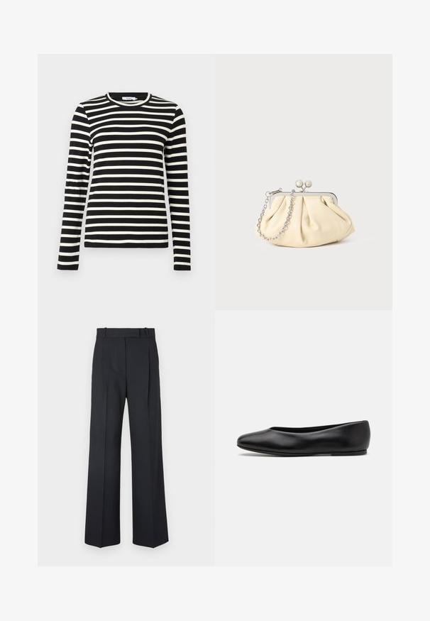 Zwart-wit gestreept shirt met lange mouwen en een ronde hals, gemaakt van zachte stof, met gelijkmatige horizontale strepen en een standaard pasvorm.; Donkerblauwe pinstriped broek met een hoge taille, wijde pijpen en zonder zichtbare hardware of versieringen. Glad textuur en nauwkeurige pasvorm.; Paul Smith TOPANGA - Ballerina's - black; Geplooide beige leren clutch met een zilveren metalen frame, voorzien van twee ronde decoratieve sluitingen en een zilveren kettingriem.