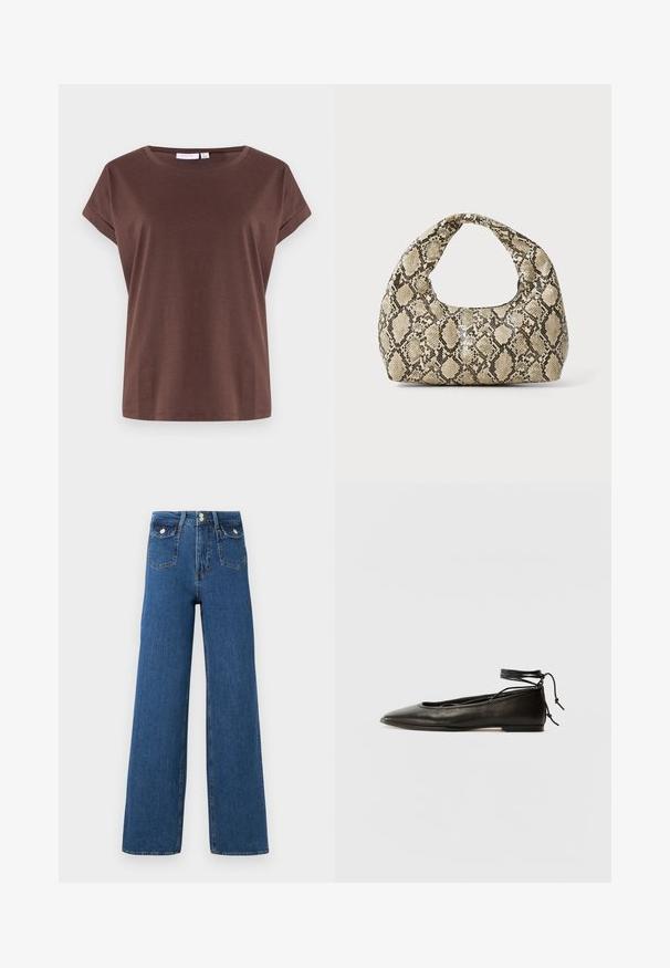 Rudas trumpas rankovėmis marškinėliai, pagaminti iš minkštos medžiagos, su apvalia iškirpte ir laisvu siluetu. Paprastas dizainas, be matomų raštų ar akcentų.; Plati kelnės iš tamsaus džinsinio audinio. Yra dvi priekinės kišenės ir mygtuko uždarymas. Sklandus paviršius su matomomis siūlėmis ir struktūrine forma.; Juodi odiniai balerinų bateliai su smailiu pirštu, kulkšnies raiščiu ir plokščiu padu, pasižymintys lygiu paviršiumi ir minimalizmo dizainu.; Gyvatės rašto rankinė su kreiviu rankenėle. Pagaminta iš tekstūruotų smėlio ir rudos spalvos medžiagų, su išskirtiniu rombo raštu.