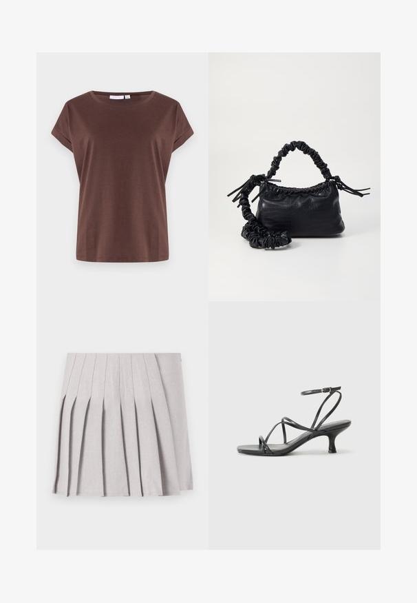 Pruun lühikeste varrukatega T-särk, mis on valmistatud pehmest kangast, ümarate kaelusetaildega ja lõdva lõikega. Lihtne disain, ilma nähtavate mustrite või aktsentideta.; Hallgray plekilise seelik sujuva tekstuuriga, millel on mitu vertikaalset voldikest ja sobiv talje. Valmistatud kerge kangaga.; Mustad mustad sandaalid õhukeste rihmadega, avatud varba kujundusega ja väikese rippuva kontsaga. Materjal näeb välja siledana ja läikivana.; Must must sünteetilisest nahast käekott, millel on krokodillimuster, kokku tõmmatav ülaosa ja kortsus rihm. Tundub pehme ja kompaktne disain.