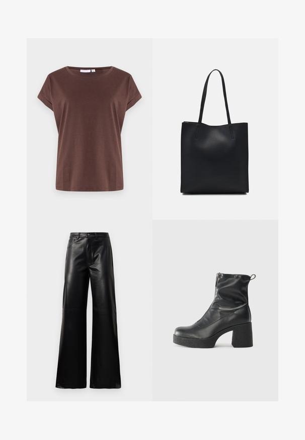 Rjav kratka majica s kratkimi rokavi, izdelana iz mehkega materiala, z okroglo izrezom in sproščenim krojem. Preprost dizajn brez vidnih vzorcev ali akcentov.; Črne široke hlače iz umetnega usnja z visokim pasom, sprednjim gumbom, zadrgo, zanke za pas in stranskimi žepi na beli podlagi.; Črne gležnjarje iz gladke kože z božnim zadrgo, masivnim teksturiranim peto in zaobljeno obliko prstov.; Črna usnjena torba s svilnato teksturo, pravokotne oblike in dvema dolgima ročajema. Brez vidnih metalnih delov ali okrasnih elementov.