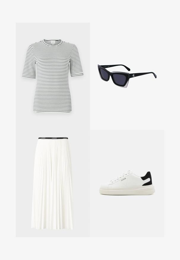Gestreept t-shirt met korte mouwen in wit en marineblauw. Beschikt over een ronde hals en een zachte, rekbare stof met horizontale strepen.; Plisséminirok in het wit met een zwarte elastische tailleband met het "LACOSTE"-logo. Middellange ontwerp met een zachte textuur.; Witte leren sneakers met een dikke witte zool, zwarte suède hielaccent en een geperst logo op de zijkant. Vetersluiting met zes oogjes.; Zwarte oversized zonnebril met een geometrische vorm, voorzien van donkere glazen en een contrasterend grijs detail op het montuur. Logo op de arm.