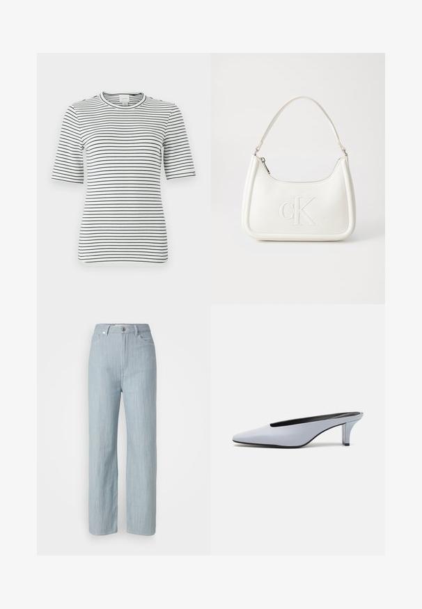 Camiseta de manga corta a rayas en blanco y azul marino. Presenta un cuello redondo y una tela suave y elástica con rayas horizontales a lo largo.; Jeans de pierna recta en azul claro, hechos de denim. Cuenta con cinco bolsillos, un cierre de botón de metal y un sutil desgastado para añadir textura.; Mule de charol azul claro con punta afilada, tacón transparente bajo y un diseño elegante que presenta un corte en la parte superior.; Bolso de mano de cuero blanco con forma curvada, con un logo "CK" en relieve en la parte delantera y una sola correa para el hombro. Cierre de cremallera en la parte superior.