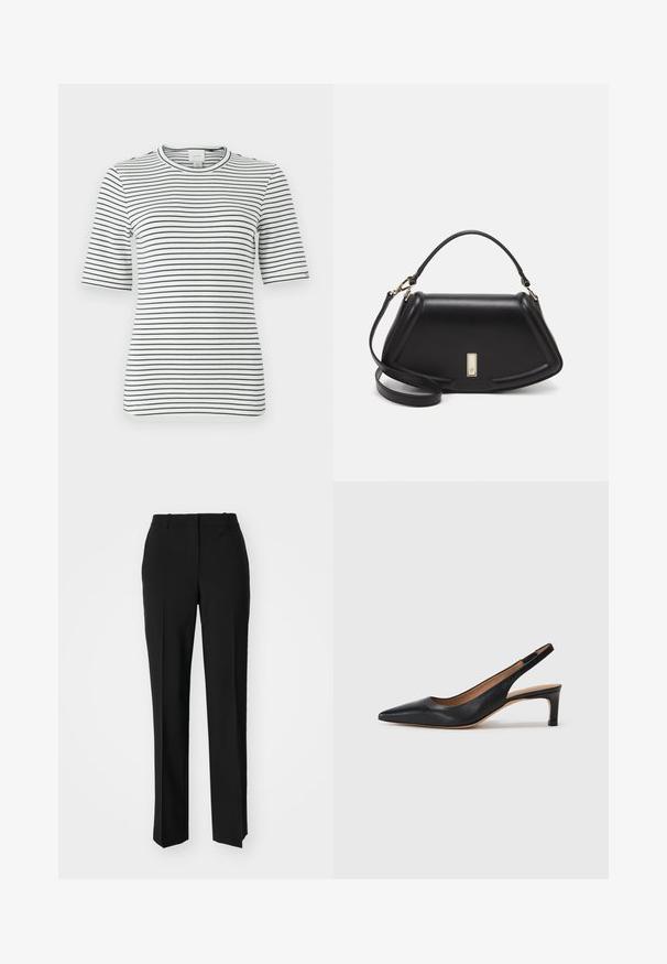Prúžkované tričko s krátkym rukávom v bielej a tmavomodrej farbe. Má okrúhly výstrih a je vyrobené z mäkkého a elastického materiálu so horizontálnymi prúžkami po celom povrchu.; Čierne krajčírské nohavice so strihom rovného nohu, s hladkou textúrou a ostrými skladmi pozdĺž prednej časti. Žiadne viditeľné hardvér.; Čierne kožené slingback lodičky s špicatou špičkou, nízkym opätkom a hladkým povrchom. Obsahujú tenký nastaviteľný remienok pre bezpečné upevnenie.; Čierna kožená kabelka so štruktúrovaným dizajnom, s krátkym tvarom, hornou rúčkou a zlatými prvkami. Súčasťou je nastaviteľný ramenný popruh.