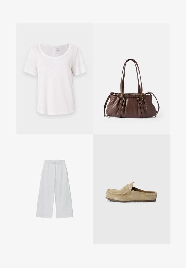 GAP BLEND SCOOP - T-shirts basic - fresh white; Lys grå vidtgående bukser lavet af blødt stof med elastisk talje. Designet har en løs pasform for komfort og bevægelsesfrihed.; Birkenstock NAPLES WRAPPED LEVE TAUPEN - REGULAR - Slip-on sandaler - taupe; Brun læderhåndtaske med to lange håndtag, samlet design, aksenter i guldtonet metal og en tekstureret overflade.