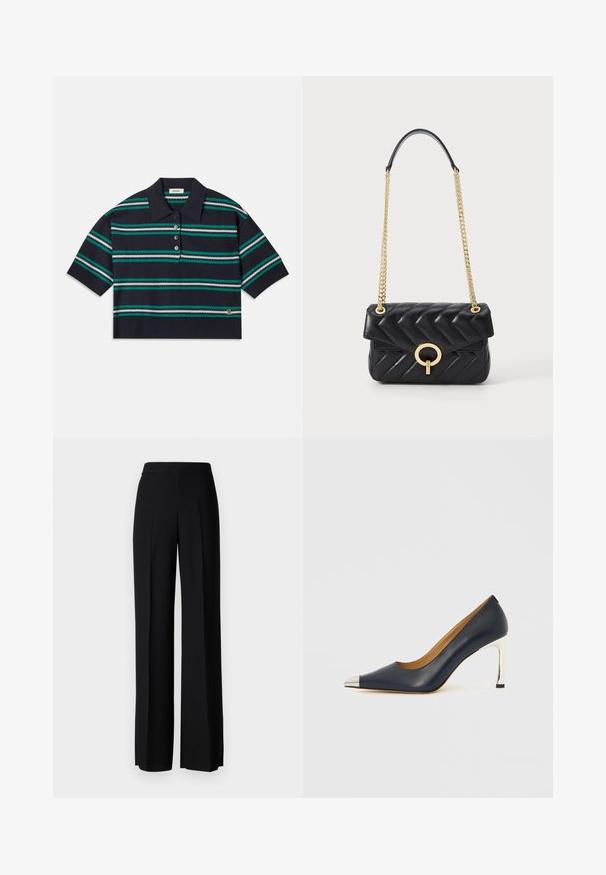 Tengerészkék csíkos póló rövid ujjal, amely teal, fehér és szürke csíkokkal rendelkezik. Három gombos kivágás és logó részlet az alján.; Fekete, széles szárú nadrág sima tapintással, magas derékkal és középen pliszével. Nincsenek látható minták vagy fém részletek.; Tengerészkék bőrből készült magas sarkú cipő hegyes orral, ezüst metál kötéssel és fényes ezüst magas tűsarokkal.; Fekete steppelt bőr kézitáska arany lánccal, lekerekített arany fémzárral és fedélzárral. Kompakt téglalap alakú.