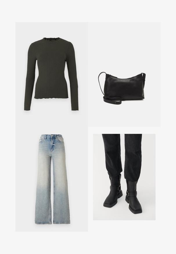 Ribana dolga majica z dolgimi rokavi v temno zeleni barvi s visokim ovratnikom in nagubanimi robovi. Mehka tekstura s prilegajočim silhuetom in rahlo valovitim robom.; Svijetloplave široke traperice s visokim strukom, koje imaju pet džepova i vidljivo šivanje uz šavove.; Črne usnjene gležnjarje s kvadratnim nosom, ki vsebujejo širok trak in podrobnost z metalno zaponko. Gležnjarji imajo debelo podplat in gladko teksturo.; Črna usnjena torba čez ramo z gladko teksturo, ukrivljeno obliko, nastavljivim trakom in zadrgo. Minimalističen dizajn brez okrasnih detajlov.