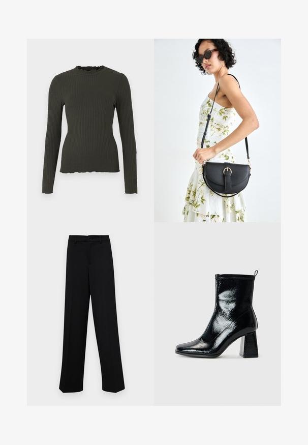 Rippierter Langarm-Top in Dunkelgrün mit hohem Kragen und gewelltem Saum. Weicher Stoff mit taillierter Silhouette und leicht gewelltem Saum.; Schwarze, weit geschnittene Hosen aus glattem Stoff, mit einem klassischen Taillenbund und einem Knopfverschluss sowie vorderen Falten.; Schwarze Lack-Ankle-Boots mit quadratischer Zehenform und klobigem geometrischem Absatz. Sie verfügen über eine glatte, glänzende Textur und eine Zuglasche an der Rückseite für einfaches Anziehen.; Schwarze Lederhandtasche mit geschwungener Form, abnehmbarem Tragegurt und goldenen Beschlägen. Die Tasche verfügt über einen Deckel mit einer Schnallen-Details.