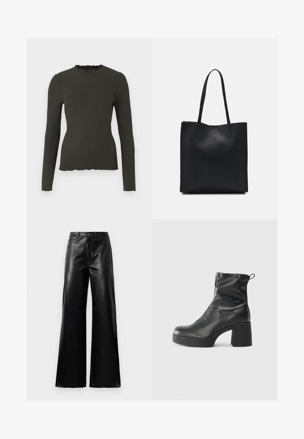Ribbed long-sleeve top in dark green with a high neckline and frilled trim. Soft texture with a fitted silhouette and slightly scalloped hem.; Black high-waist wide-leg faux leather pants with front button, zip closure, belt loops, and side pockets on white background.; Black ankle boots made of smooth leather, featuring a side zipper, chunky textured heel, and rounded toe design.; Black leather tote bag with smooth texture, rectangular shape, and two long handles. No visible hardware or embellishments.