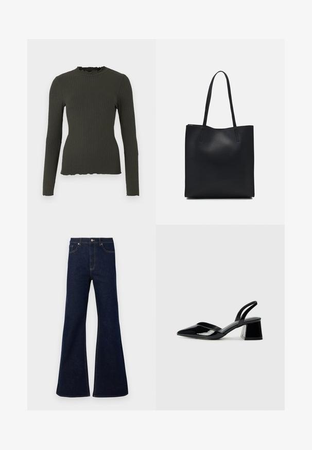 Tamsiai žaliai dryžuota ilgomis rankovėmis viršutinė dalis su aukštu kaklu ir pūkuotu apdailos kraštu. Minkšta tekstūra, prigludusi siluetas ir šiek tiek banguotas apatinis kraštas.; Tamsiai mėlynos platėjančios džinsinės kelnės su aukštu liemeniu, priekiniu kišenėmis ir auksinėmis siūlėmis. Lygus paviršius su tradiciniu kirpimu.; Juodos lakuotos odinės šlepetės su smailiu pirštu ir geometriniu bloko kulnu. Turi elegantišką, minimalistinį dizainą ir lygų paviršių.; Juodas odinis tote krepšys su lygia tekstūra, stačiakampio formos ir dviem ilgais rankenomis. Matomų metalinių detalių ar puošybos nėra.