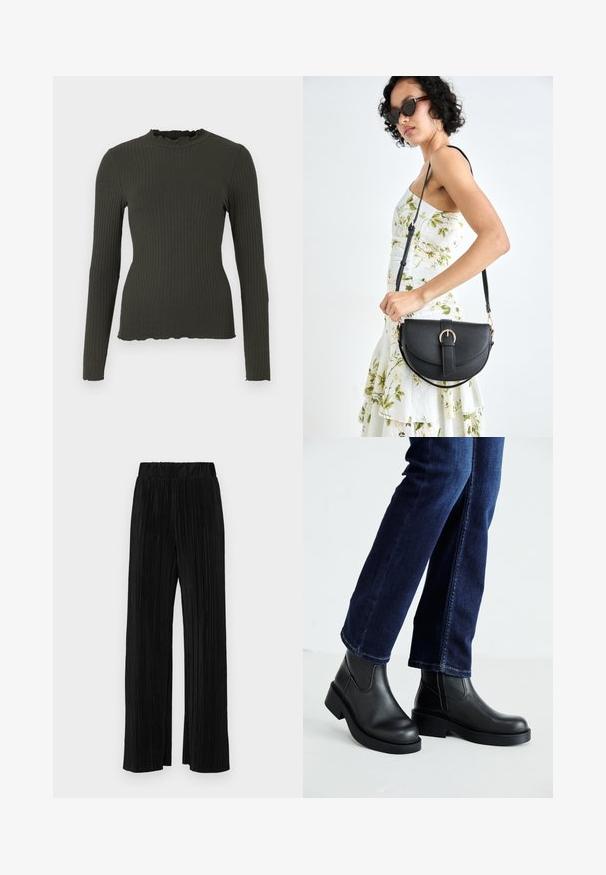 Ribota gara piedurkņu blūze tumši zaļā krāsā ar augstu apkakli un frillēta apmale. Mīksta tekstūra ar pieguļošu siluetu un nedaudz viļņotu apakšmalu.; Melni plīšu bikses ar elastīgu jostu. Tām ir platākas kājas un gluda, teksturēta auduma ar vertikālām svītrām.; Melnas ādas potīšu zābaki ar masīvu zoli un sānu elastīgām daļām, kombinēti ar tumši ziliem džinsiem. Zeme ir gaišā krāsā.; Melnas ādas rokassoma ar izliekta formu, noņemamu siksnu un zelta aksesuāriem. Somai ir vāciņš ar sprādzes detaļu.