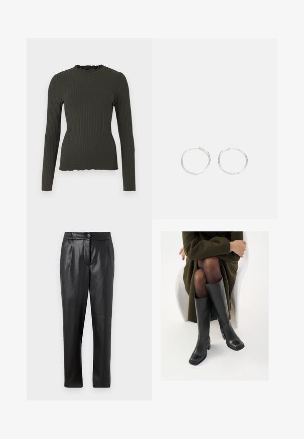 Ribbed dug mad s dugim rukavima u tamnozelenoj boji s visokim ovratnikom i čipkastim obrubom. Mekana tekstura s prilagođenim siluetom i blago valovitim rubom.; Crne kožne hlače s glatkom teksturom, ravnog kroja, elastičnim pojasom i prednjim kopčanjem na dugme; nabran detalj i suženi nogavič.; Čizme od crne kože do koljena sa četvrtastim vrhom i blok petom, prikazane s manekenkom koja sjedi u maslinasto zelenom kaputu. Glatka tekstura, minimalni detalji.; Srebrne okrugle naušnice jednostavnog dizajna, s glatkom površinom i bez vidljivih ukrasa. Promjer nije specificiran.