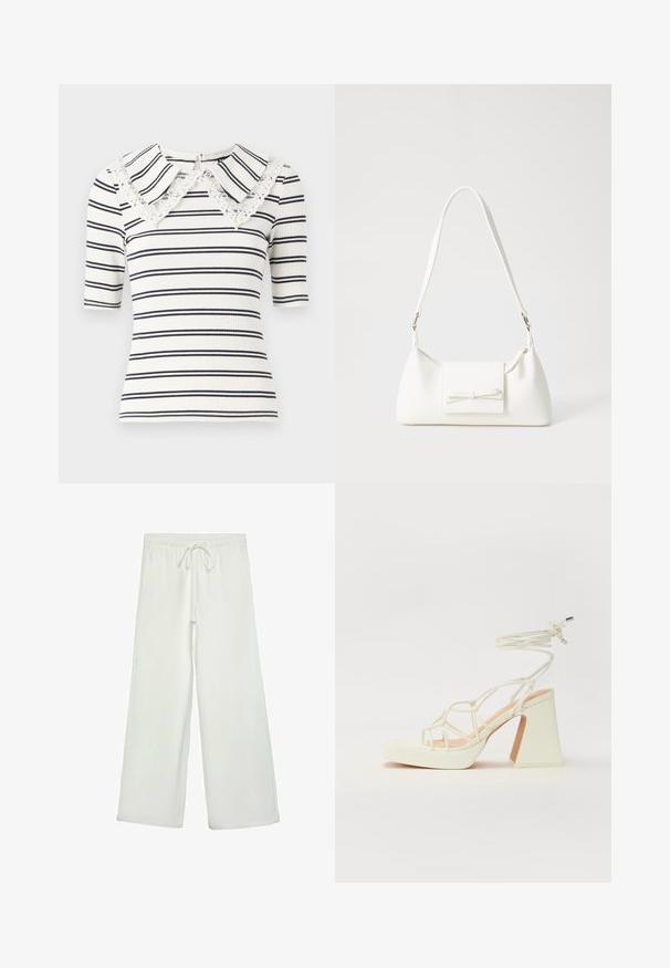 Striped short-sleeve top in white and navy, featuring a lace-trimmed, oversized collar and ribbed texture. Zipper at back neckline.; White wide-leg pants made of soft fabric. Features an elastic waistband with a drawstring and a smooth texture. No visible patterns or hardware.; White high-heeled sandal with a chunky heel, featuring a strappy design and ankle tie. Smooth texture with a platform front for added height.; White synthetic handbag with a triangular shape, flat front flap and bow detail, adjustable strap, smooth texture, and minimalistic design.