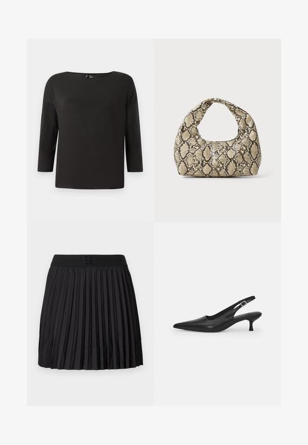 Black, long-sleeve top with a wide crew neck and loose fit; made from smooth, lightweight fabric, featuring minimal detailing and no visible seams.; Black blouse featuring long sheer sleeves, textured leaf pattern, round neckline, and a small back keyhole clasp.; Black pleated skirt with a smooth texture, featuring a solid black waistband and an embossed logo detail at the front.; Black leather slingback shoe with a pointed toe and a slim, curved heel. Features a discrete adjustable strap with a metal buckle.; Snake-print handbag with a curved handle. Made from textured, beige and brown materials, featuring a distinctive diamond pattern.