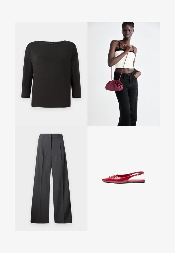 Crna majica dugih rukava s širokim okruglim izrezom i slobodnim krojem; izrađena od glatkog, laganog materijala, s minimalnim detaljima i bez vidljivih šavova.; Hlače širokih nogavica u tamnosivoj tkanini, s visokim strukom, jednim naborom i glatkom teksturom s urednim završetkom na rubovima.; Crvene kožne cipele s remenom oko pete, ravne, s šiljastim vrhom i dekorativnim vezanjem sprijeda, s uskim remenom oko gležnja i ravnim đonom.; Bordo mekani torbeni sakupljenog dizajna s dugom trakicom, nošenom preko tijela. Model nosi bijelu kratku majicu i crne traperice.