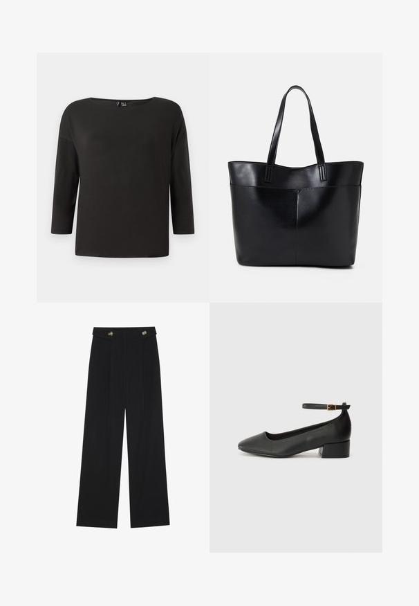 Svart langermet topp med bred rund hals og løs passform; laget av glatt, lett stoff, med minimalt med detaljer og ingen synlige sømmer.; Svart vide bukser med høy midje, knappdetaljer på midjebåndet og frontplisser.; Sorte skinnpumper med spiss tå og lav blokkhelt. Har ankelrem med gullfarget spenne. Glatt tekstur.; Svart lær toteveske med to lange håndtak, en glatt tekstur og en strukturert form. Har en frontlomme for ekstra oppbevaring.