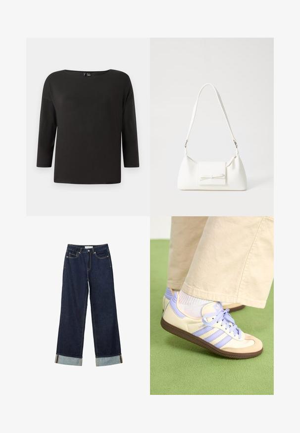 Čierny top s dlhými rukávmi, širokým okrúhlym výstrihom a voľným strihom; vyrobený z hladkej, ľahkej látky, s minimálnymi detailmi a bez viditeľných švov.; Tmavo modré široké nohavice s vysokým pásom, s manžetami, kontrastným šitím a dizajnom s piatimi vreckami. Vyrobené z denimu.; Krémovo-fialové tenisky so tromi pruhmi a štruktúrovanou hnedou podrážkou, s šnúrkami a polstrovaným opätkom. Mäkký textilný zvršok.; Biela syntetická kabelka s trojuholníkovým tvarom, plochým predným klapkou a detailom mašle, nastaviteľným popruhom, hladkou textúrou a minimalistickým dizajnom.