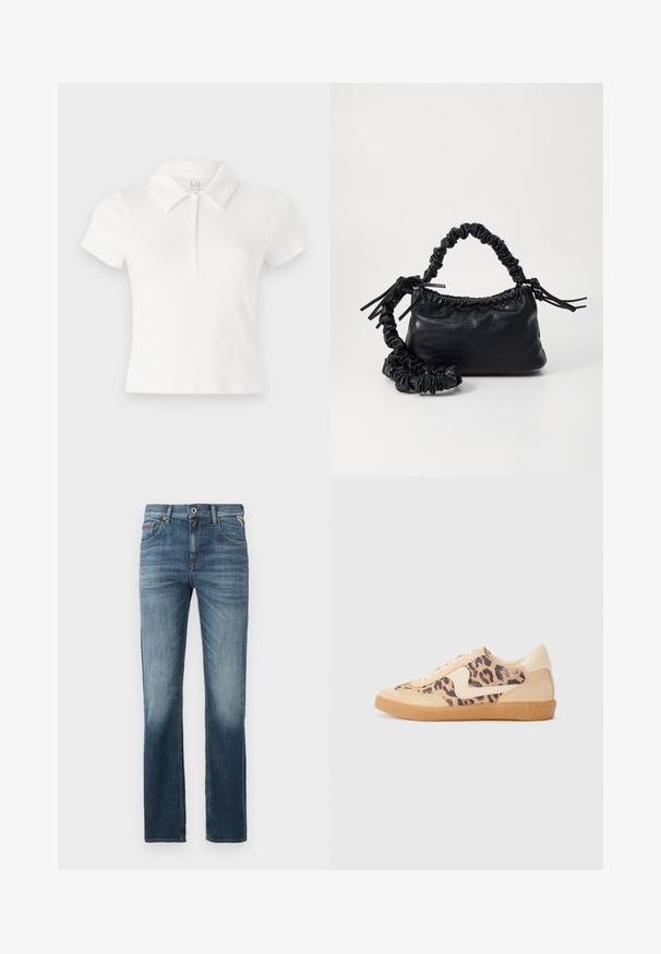 Balts polo krekls, izgatavots no kokvilnas. Tam ir apkakles kakla izgriezums, īsas piedurknes un pogu rinda priekšpusē. Gluda tekstūra.; Tumši zili džinsi ar taisnu kāju griezumu, ar vieglu izbalējumu gurnos un kontrastējošu šuvju. Klasisks piecu kabatu dizains ar rāvējslēdzēju.; Leoparda drukas kedas ar beidzējo zamša virsu, brūnu gumijas zoli un baltām akcenta detaļām. Apļveida purngals un auklu aizdare ar strukturētu virsmu.; Melnā mākslīgās ādas rokassoma ar krokodila rakstu, savilkta augšdaļa un saburzīta siksna. Izskatās mīksta un kompakta pēc dizaina.