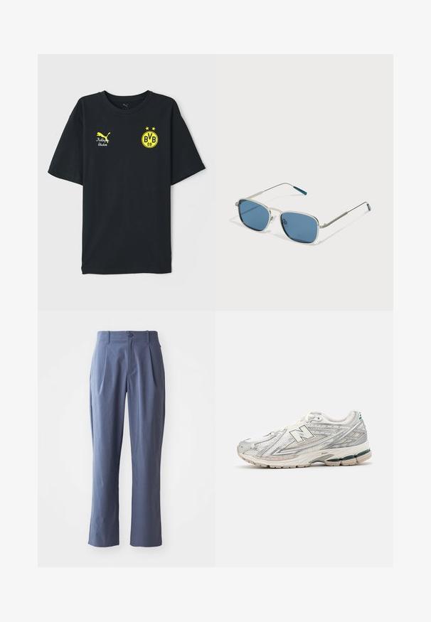 Svart bomulls T-skjorte med gule grafikker. Har Puma-logo, "KidSuper Studios" tekst, og et "BVB 09" emblem med to stjerner. Korte ermer.; Marineblå bukser med pressefolder, lige snit, lavet af letvægtsstof, med en enkelt foran knaplukning og bæltestropper.; Løpeskoen har en sølv- og hvit mesh-overdel med grønn aksent. Sålen er tykk og teksturert, designet for demping og støtte.; Solski briller med en sølvfarget metallramme, rektangulære blå linser og tynne stenger. Har blå detaljer på tempelspissene.