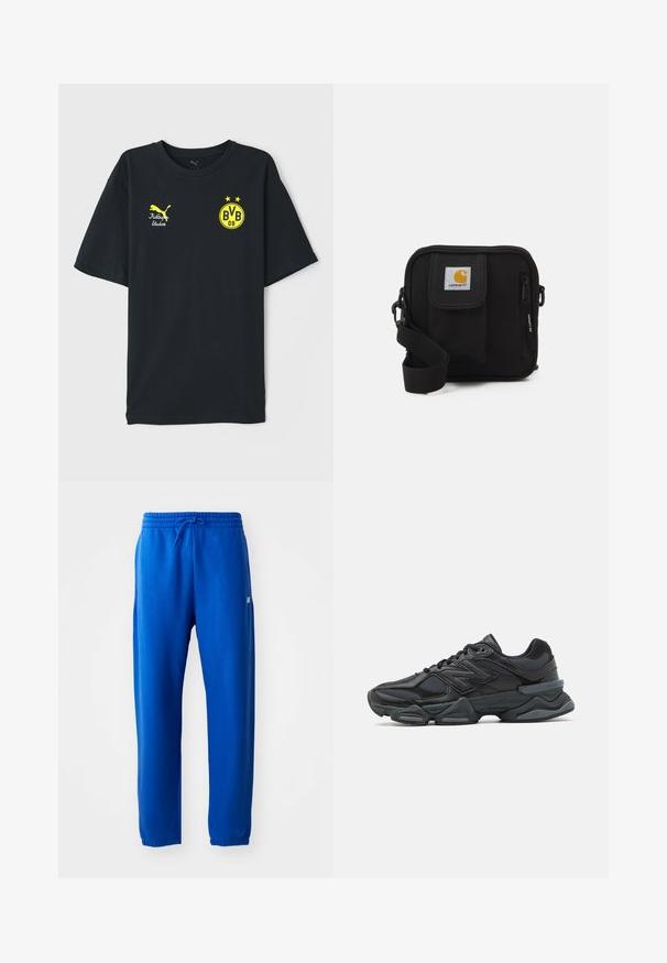 Crna pamučna majica s žutim grafičkim elementima. Sadrži Puma logo, tekst "KidSuper Studios" i emblemu "BVB 09" s dvije zvijezde. Kratki rukavi.; Plave trenirke izrađene od mekog materijala, s elastičnim pojasom i vezicom, uskim nogavicama i malim logotipom sa strane.; Crne trkačke tenisice izrađene od kombinacije mrežastih i sintetičkih materijala, s debelim potplatom, zakrivljenim dizajnom i istaknutim brendom sa strane.; Crna torba za preko ramena s glavnim odjeljkom na patentni zatvarač, prednjim džepom, podešivim remenom i vidljivom oznakom na preklopu.