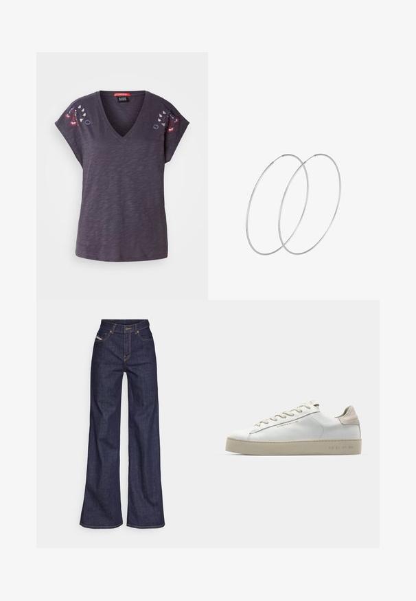 Mørk lilla T-shirt med korte ærmer og V-udskæring, der har broderede blomsterdetaljer på skuldrene og en tekstureret stoffinish.; Mørkeblå bredbenede jeans i denimstof med høj talje, prydet med orange stikninger, fem-lomme design og knaplukning.; Hvide lædersneakers med en glat overflade, beige ruskindsdetaljer, rund tå, flad snørebåndsdesign og en struktureret gummisål.; Sølvøreringe med et minimalistisk design. Cirkulær form, glat tekstur og tynd profil. Letvægtige med en poleret overflade.