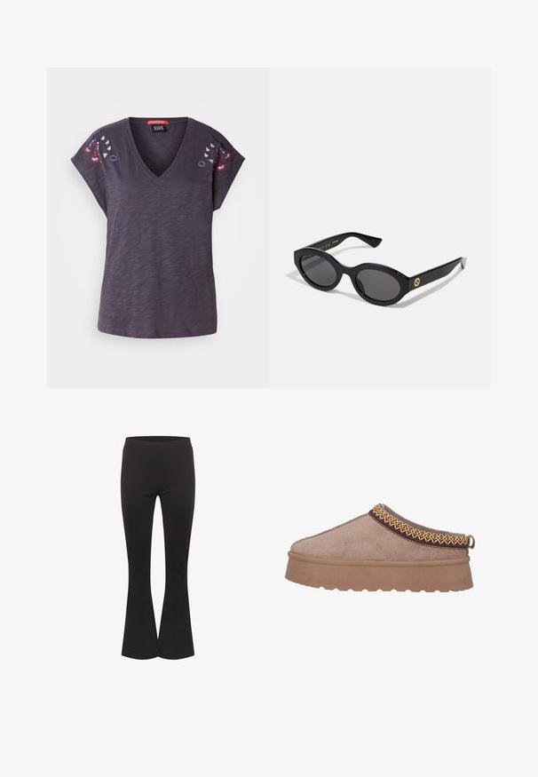 Mørk lilla T-shirt med korte ærmer og V-udskæring, der har broderede blomsterdetaljer på skuldrene og en tekstureret stoffinish.; Sorte flared bukser med en tætsiddende talje og glat stof, vist oprejst mod en hvid baggrund.; Brune ruskinds slip-on sko med en tyk, struktureret sål, prydet med intrikate gule og brune broderier langs den øverste kant.; Sorte ovale solbriller med mørke linser og blank plastramme. Har et guldlogo på stykket, hvilket giver et slankt og moderne design.