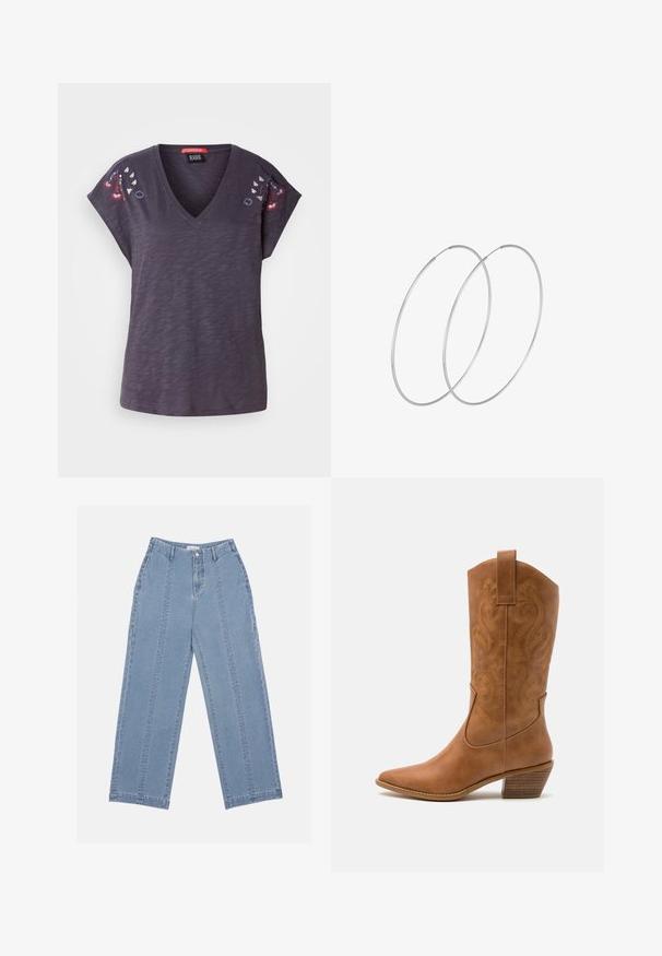 Mørk lilla T-shirt med korte ærmer og V-udskæring, der har broderede blomsterdetaljer på skuldrene og en tekstureret stoffinish.; Lyseblå brede jeans lavet af denim. Har høj talje, knaplukning og synlige syninger. Ingen lommer er synlige foran.; Tan læder cowboystøvle med spids tå, broderede svirvelmønstre på skaftet og en stablet blokhæl. Har en træksløjfe for nem af/på.; Sølvøreringe med et minimalistisk design. Cirkulær form, glat tekstur og tynd profil. Letvægtige med en poleret overflade.