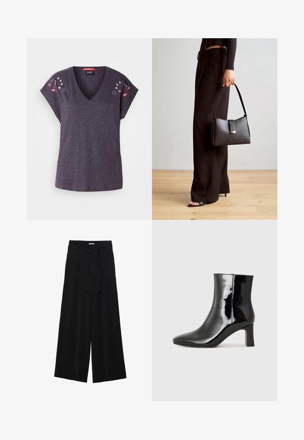 Tmavofialové tričko s krátkym rukávom a výstrihom do V, so vyšívanými kvetinovými akcentmi na pleciach a textúrovaným povrchom.; Čierne široké nohavice s textúrovanou tkaninou, elastickým pásom a odnímateľným viazaním na páse pre nastaviteľné priliehanie.; Čierne lakované členkové topánky s špicatou špičkou a stredne vysokým blokovým podpätkom. Hladká textúra a minimalistický dizajn.; Čierna kabelka so štruktúrovaným tvarom, hladkou textúrou a kovovou sponou. V kombinácii so širokými čiernymi nohavicami a sandálmi s otvorenou špičkou na drevenej podlahe.