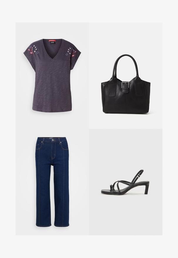 Tume lilla lühikeste varrukatega T-särk V-kaelusega, millel on õlgadel tikitud lillemotiivid ja tekstuuriga kangas.; Tumedad sinised sirged teksad nööp sulgemisega, esi- ja tagataskud ning nähtavad oranžid õmblused õmblustes.; Mustast rihmajalatsid ruudukujulise varba ja madala ploki kontsaga. Omab mitmeid õhukesi rihmasid ja reguleeritavat pahkluu rihma. Valmistatud siledast nahast.; Mustgamma nahast kott, millel on sile tekstuur, struktureeritud kuju, kaks käepidet ja esiküljel silmapaistev hõbedane pandla detail.