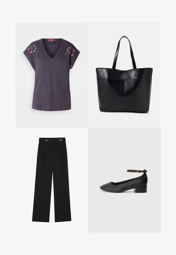 Dark purple short-sleeve T-shirt with a V-neck, featuring embroidered floral accents on the shoulders and a textured fabric finish.; Black wide-leg trousers with high waist, button details on waistband, and front pleats.; Black leather pump with a pointed toe and a low block heel. Features an ankle strap with a gold-tone buckle. Smooth texture.; Black leather tote bag with two long handles, a smooth texture, and a structured shape. Features a front pocket for additional storage.