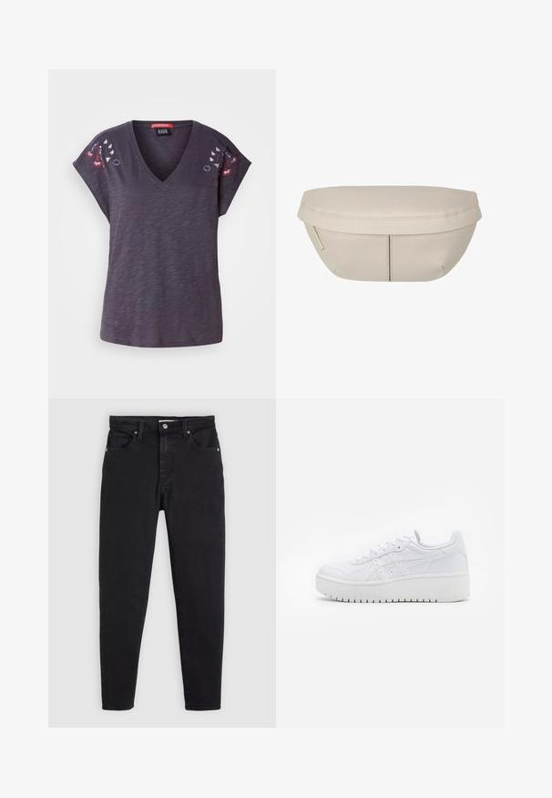 Tmavě fialové tričko s krátkým rukávem a V-výstřihem, zdobené vyšívanými květinovými akcenty na ramenou a s texturovaným povrchem.; Černé slim-fit džíny s knoflíkovým a zipovým zapínáním, pěticípým designem a poutky na opasek na světle šedém pozadí.; Bílé platformové tenisky s hladkým koženým povrchem, perforovanými detaily a plochými tkaničkami; mají silnou bílou gumovou podrážku.; Beige textilní taštička s kulatým tvarem, která má plochý vršek a jemné švy. Obsahuje minimalistické logo a boční popruh.