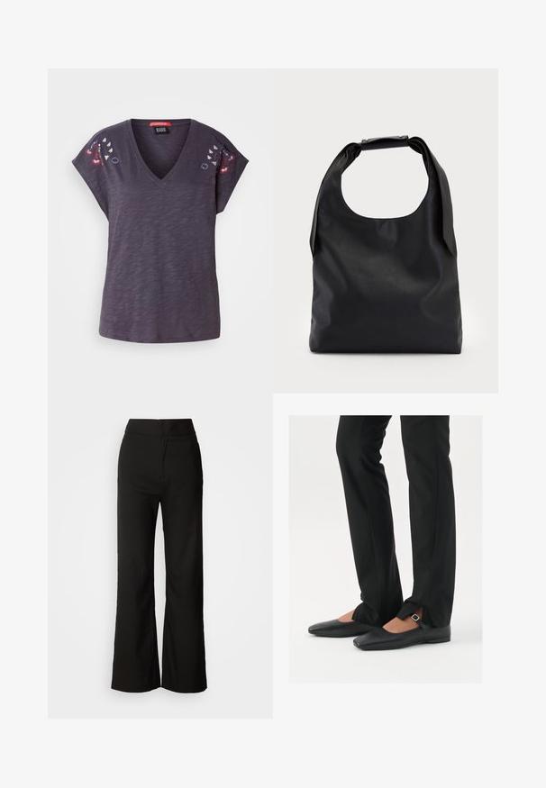 Tamno ljubičasta kratkotrajna majica s V-izrezom, koja ima vezene cvjetne naglaske na ramenima i teksturiranu završnu obradu.; Crne široke hlače s glatkom teksturom, visokim strukom i jednostavnim dizajnom. Bez vidljivih džepova ili ukrasa.; Crne kožne balerinke s uskim vrhom, trakica sa srebrnom kopčom, u kombinaciji s crnim krojenim hlačama s otvorenim rubom.; Crna kožna torba s velikim otvorom na vrhu i jednom naramenicom. Mekani tekstura, minimalistički dizajn, s diskretnim metalnim detaljima.; Zlatne okrugle naušnice s teksturiranim, nepravilnim oblikom. Imaju nevidljivo zatvaranje i polirani završni sloj, što naglašava moderan dizajn.