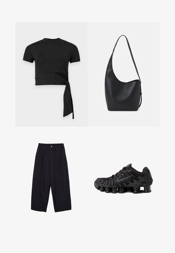 Sort cropped t-shirt lavet af et glat, strækbart stof med korte ærmer, en rund halsudskæring og en sidebånddetalje.; Sorte polyester culotte bukser med elastisk talje, to forpiber og en løs silhuet. Ingen synlige mønstre eller hardware detaljer.; Sort atletisk sko med mesh-overdel og glatte overlays. Har buet spiralbøsningsdæmpning og strukturerede linjer på siden. Nike-logoet er synligt.; Sort læder hobo taske med en glat overflade, buet form og en enkelt justerbar rem; har en bred åbning øverst.