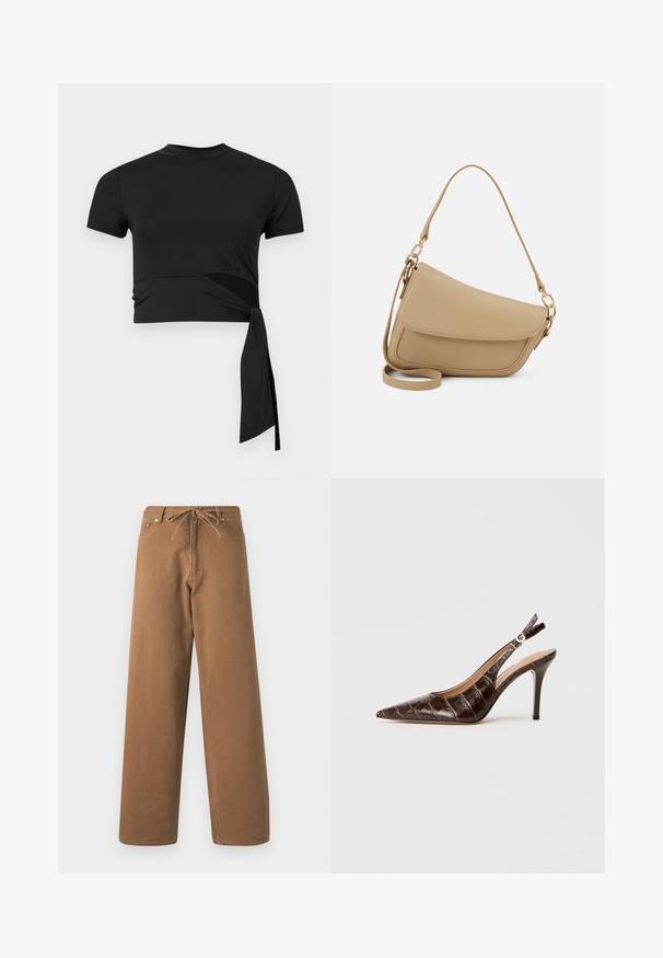 Crna skraćena majica s kratkim rukavima, izrađena od glatkog, rastezljivog materijala, s okruglim izrezom i detaljem vezivanja sa strane.; Smeđe široke hlače izrađene od pamuka, sa podesivim pojasom i dva prednja džepa. Teksturalna tkanina s glatkom završnom obradom.; Smeđe, kožne slingback cipele s reljefom u obliku krokodila, s izraženim vrhom, otvorenim stranama i tankom visokom potpeticom. Dizajnirane su s mogućnošću podešavanja pomoću kopče.; Even&Odd Ručna torba - beige