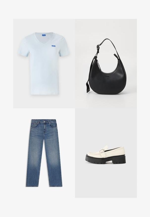 Hele sinine puuvillane t-särk v-kaelusega, lühikeste varrukatega ja väikese sinise HUGO logoga, mis on õmmeldud vasakule rinnaosale. Sile tekstuur.; Hele helesinised teksad sirge istuvusega, viie taskuga ja kerge fadesega. Omavad standardset vöökohta ja kontrastset õmblust.; Valge nahast loafer, millel on massiivne must platvormi tald, neljakandiline hõbedane pandla ja nähtavalt õmblusdetail ülaserval.; Mustmust nahk rihmaga õlakott, millel on kaarjas kuju, luku sulgemine ja reguleeritav rihm. Esiküljel on reljeefne brändi logo.