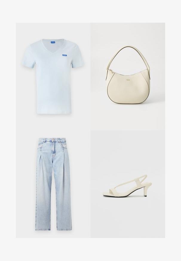 Világoskék pamut póló v-nyakkal, rövid ujjakkal és egy kis kék HUGO logóval, amely a bal mellrészen van hímezve. Simás textúra.; Világoskék farmernadrág magas derekú, bő szabású, két oldalsó zsebbel és pliszírozott dizájnnal. Puha tapintású, elhalványított felület.; Beige színű, blokksarkú szandálok vékony pántokkal és négyzet alakú orral. Simább anyag, minimális részletezéssel, amely könnyű viselésre lett tervezve.; Krém színű kézi táska texturált felülettel, ívelt formával, rövid fogantyúval és arany színű logó részlettel. Cipzáros záródás a tetején.