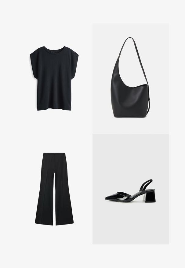 Schwarzes Kurzarmtop aus weichem Stoff mit lockerem Schnitt, rundem Ausschnitt und überschnittenen Schultern. Keine sichtbaren Muster oder Akzente.; Schwarze weit geschnittene Hose mit glatter Textur, ausgestattet mit Frontfalten und einem taillierten Design. Der Stoff ist leicht und fließend.; Schwarze Lackleder-Slingback-High Heels mit spitzem Schuh und einem geometrischen Blockabsatz. Verfügt über ein schlankes, minimalistisches Design und eine glatte Textur.; Schwarze Leder-Hobo-Tasche mit einer glatten Textur, geschwungener Form und einem einzelnen verstellbaren Tragegurt; verfügt über eine weite Öffnung am oberen Ende.