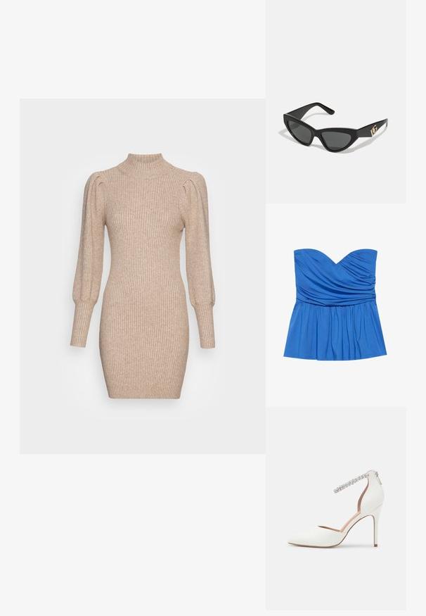 Plava peplum bluzica bez naramenica izrađena od glatkog materijala, sa sweetheart izrezom i naborima na grudima i struku.; Pletena haljina u bež boji s rebrastom teksturom, visokim ovratnikom i napuhanim rukavima. Priljubljen kroj s kratkim rubom.; Bijela visoka potpetica s dizajnom u obliku špice, od kože, s podesivim remenom oko gležnja ukrašenim rhinestones i slim stiletto potpeticom.; Naočale u obliku mačjih očiju s okvirom od mat crne plastike, tamnim lećama i zlatnim logotipom na sljepočnici. Kutni dizajn i glatka tekstura.; Michael Kors novčanik na zapešću u bež premazanoj tkanini s ponavljajućim uzorkom MK loga, zlatnim hardverom i odvojivim lancem za nošenje.