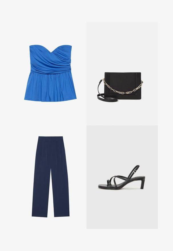 Top peplum albastru fără bretele, realizat dintr-un material neted, având un decolteu în formă de inimă și detalii plisate la bust și talie.; Pantaloni largi de culoare bleumarin, confecționați dintr-un material moale, cu pliseuri frontale, o textură netedă și o croială dreaptă, fără buzunare vizibile.; Sandal cu barete negre, cu vârf pătrat și toc mic de bloc. Prezintă mai multe barete subțiri și o bareta ajustabilă la gleznă. Fabricat din piele netedă.; Geantă de umăr din piele neagră, cu o textură netedă, formă rectangulară și un detaliu din lanț metalic în față. Include curea reglabilă.