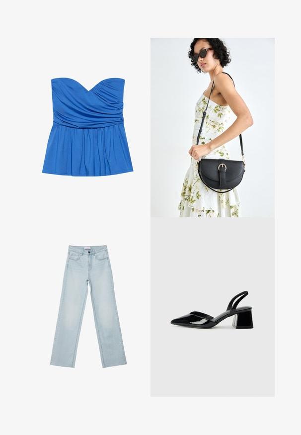 Modra breznaramna peplum bluza iz gladkega materiala, s srčastim izrezom in nabranimi detajli na prsnici in pasu.; Svetlo modri široki kavbojke izdenima. Imajo pet žepov, gumbasto zaponko in zbledela podrobnost. Klasičen naravnost kroj s prostornim prileganjem.; Črne lakirane slingback pete s koničastim nosom in geometrijsko blokasto peto. Imajo eleganten, minimalističen dizajn in gladko teksturo.; Črna usnjena torbica s ukrivljeno obliko, z odstranljivo naramnico in zlatimi dodatki. Torbica ima pokrov s podrobnostmi v obliki zaponke.