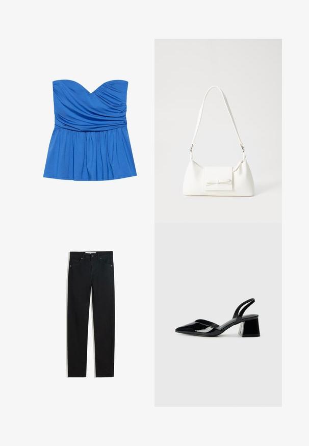 Kék pánt nélküli peplum felső, sima anyagból, szív alakú nyakkivágással és ráncolt részletekkel a mellen és a derékon.; Fekete farmernadrág egyenes szárú fazonnal, öt zsebbel, fémből készült gombzárral és diszkrét varrási részletekkel. Sima textura.; Fekete lakk bőr szandálkés magas sarkú cipő, hegyes orral és geometrikus tömbsarkakkal. Karcsú, minimalista dizájn és sima textúra jellemzi.; Fehér szintetikus kézitáska, háromszög alakú, lapos előlap, masni részlettel, állítható pánttal, sima textúrával és minimalista dizájnnal.